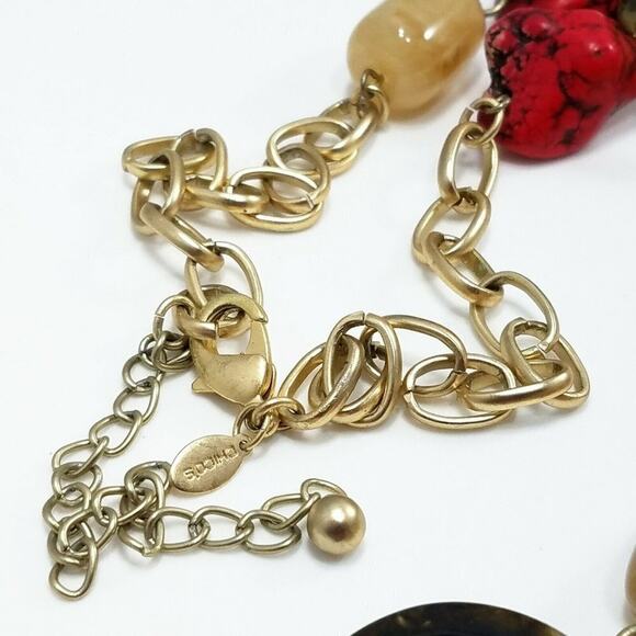Chico's Red Gemstone Gold Tone Metal Chain Lucite Rings Necklace or Belt, 43 In - Picture 4 of 8